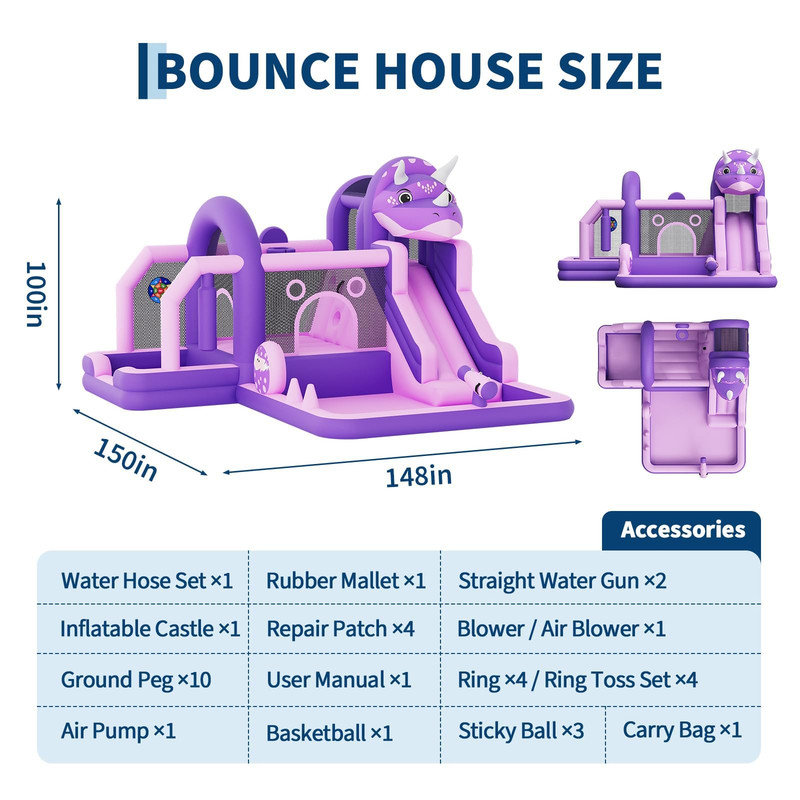 Jeu gonflable de dinosaure avec soufflerie - Trampoline, mur d'escalade et glissade pour enfants de 3 à 10 ans, Purple
