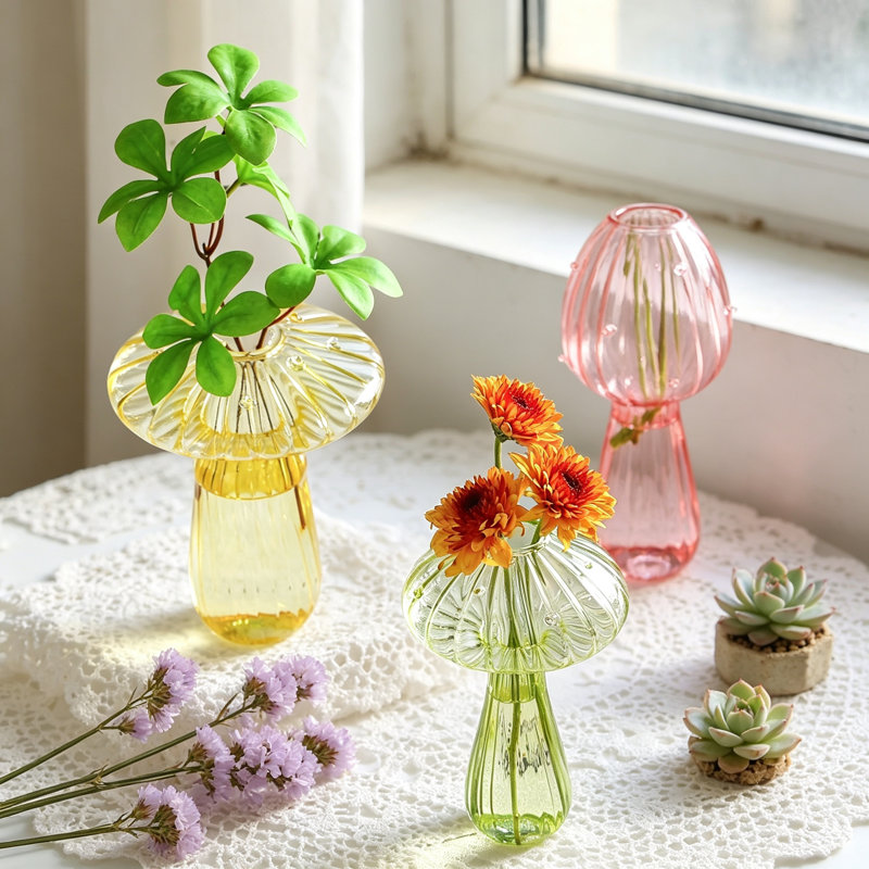 Ensemble de 6 vases à fleurs en verre de couleur champignon, petits vases à boutons pour les stations de propagation, petites jardinières mignonnes pour la décoration de bureau à domicile
