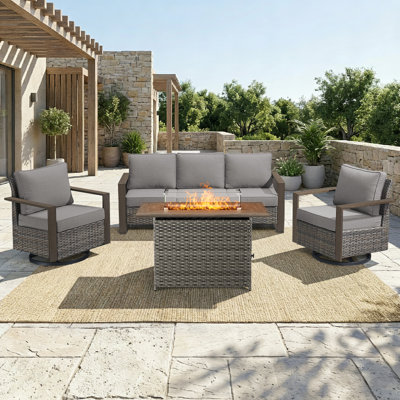 4-Piece Outdoor Rattan Modern Patio Fire Pit Conversation Set With Sofa & Swivel Chair