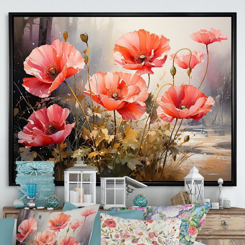 «Red and Green Poppy Reverie III», art mural coquelicots, Cadre flottant noir, H 34 po x l 44 po x P 1,5 po