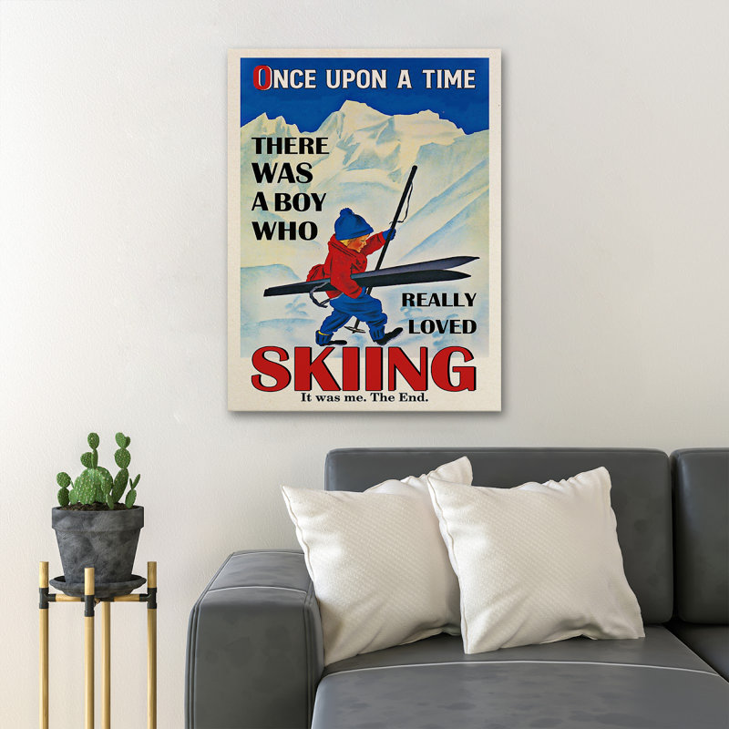 Bébé garçon faisant du ski sur la neige - Il était une fois un garçon qui aimait vraiment le ski - 1 pièce, reproduction d'art graphique sur toile tendue