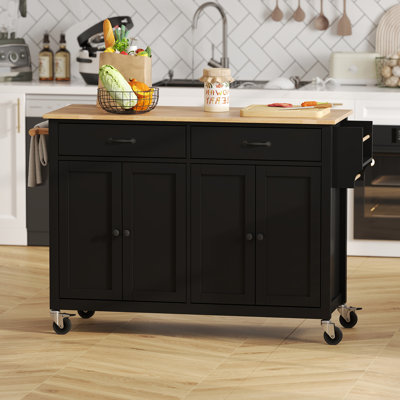 Chariot pour îlot de cuisine de 54,3 pouces de largeur avec plateau en bois massif et roulettes verrouillables, armoire 4 portes et deux tiroirs
