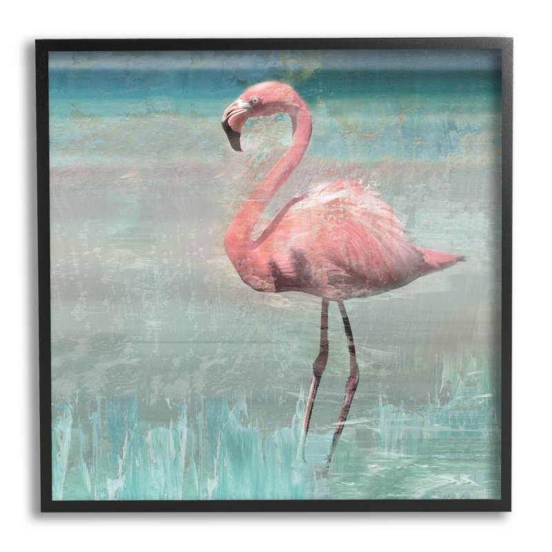 «Tropical Flamingo», collage debout sur toile par Nan, Giclée encadrée noir minuit, H 17 po x l 17 po x P 1,5 po