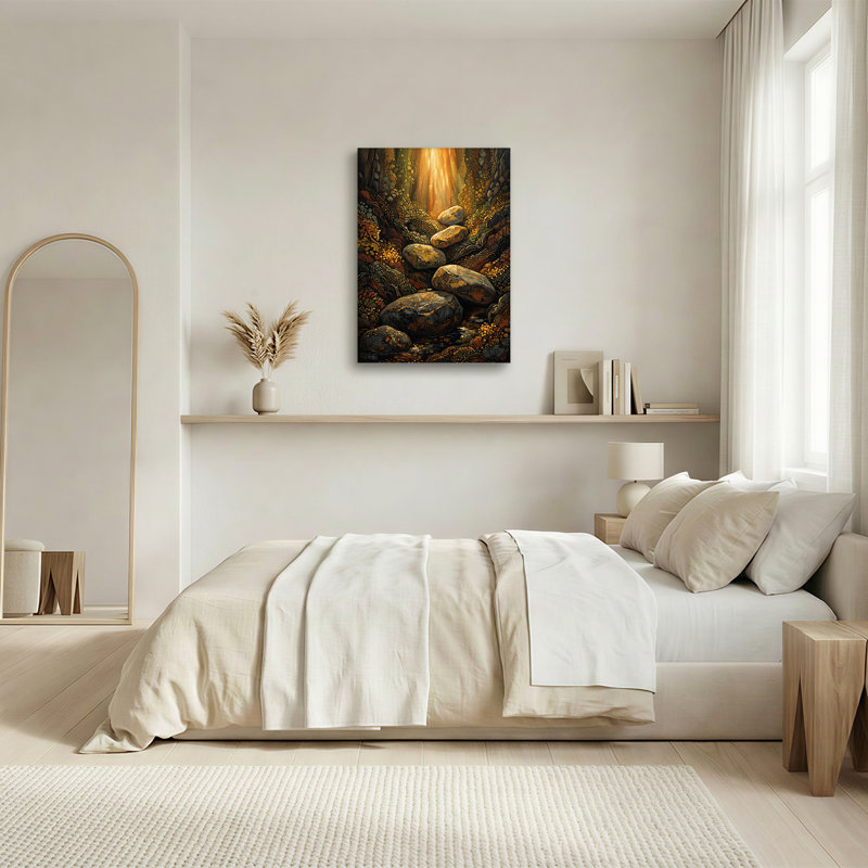 Art texturé, "Textured Rocks in Sunlit Stream Forest", 18"H x 12"W