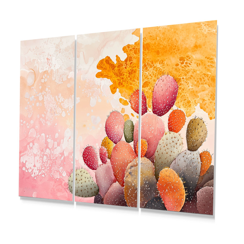 Velvet Pulse Of Cactus II - ensemble d'art mural floral cactus, H 40 po x l 60 po, Impression sans cadre en métal