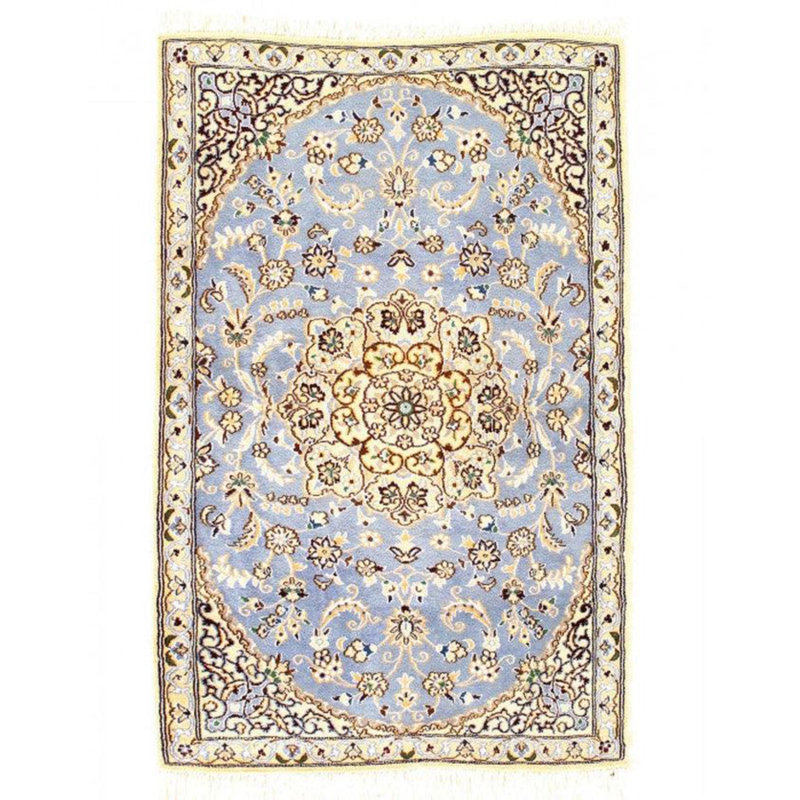 Tapis bleu pâle / beige en coton / soie / laine 2 pi 11 po x 4 pi 8 po Pravoslav