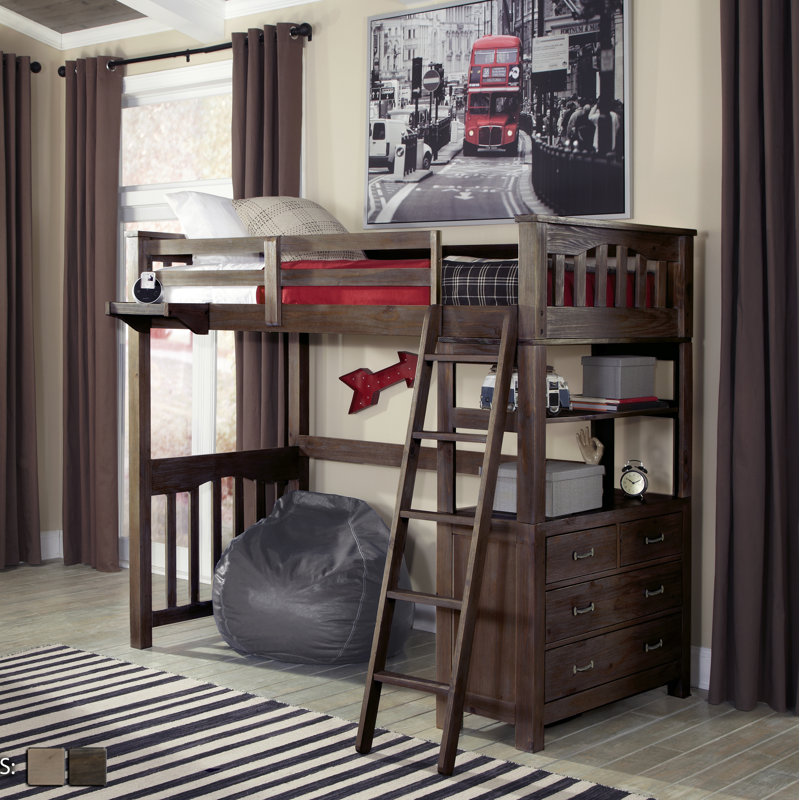Lit mezzanine en bois massif à 6 tiroirs avec bibliothèque Mateo par Greyleigh™ Baby & Kids, Double, Espresso