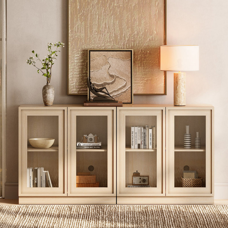 Armoire d'appoint moderne avec 4 portes en verre, commode d'appoint multifonctionnelle avec grand rangement et tablette réglable