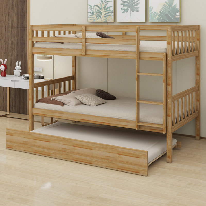 Detachable Wood Bunk Bed With Trundle, Converts To Two Beds, Space-Saving Design, White Oak