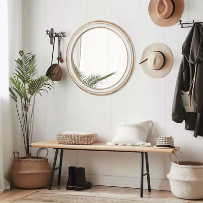 24,24 po Miroir mural rond pour la maison. Style en bois avec bordure blanchie. Réflexion. Installation simple pour la chambre à coucher, la salle de bain. Qualité de réflexion du cadre. Configuration