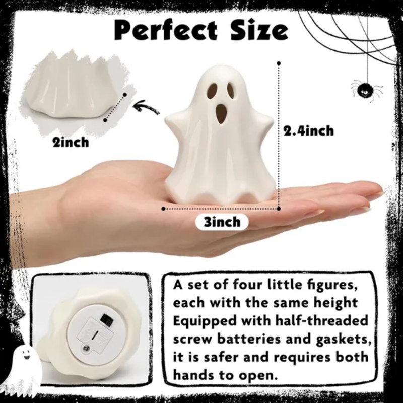 Ensemble de 4 figurines de fantôme d'Halloween en céramique 4 lumières avec lumières DEL, statues de fantômes illuminées fabriquées à la main de 2 à 3 po avec compartiment à piles sécuritaire pour les enfants, tablette de manteau de table déco