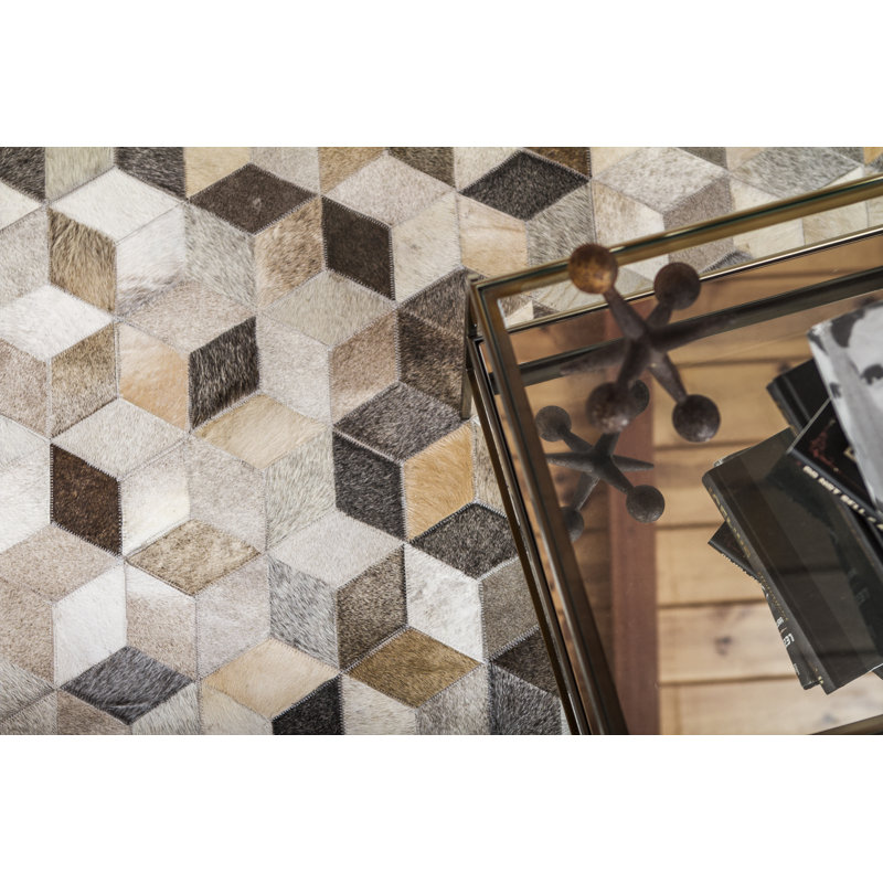Natural Hide Cowhide Geometric Area Rug in Silver, Rectangle 11'6" x 14'6"