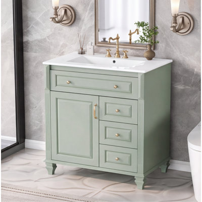 Meuble-lavabo autoportant vert de 30 po avec lavabo en céramique, armoire en bois massif et panneau de fibres à densité moyenne, tiroir rabattable et 3 tiroirs