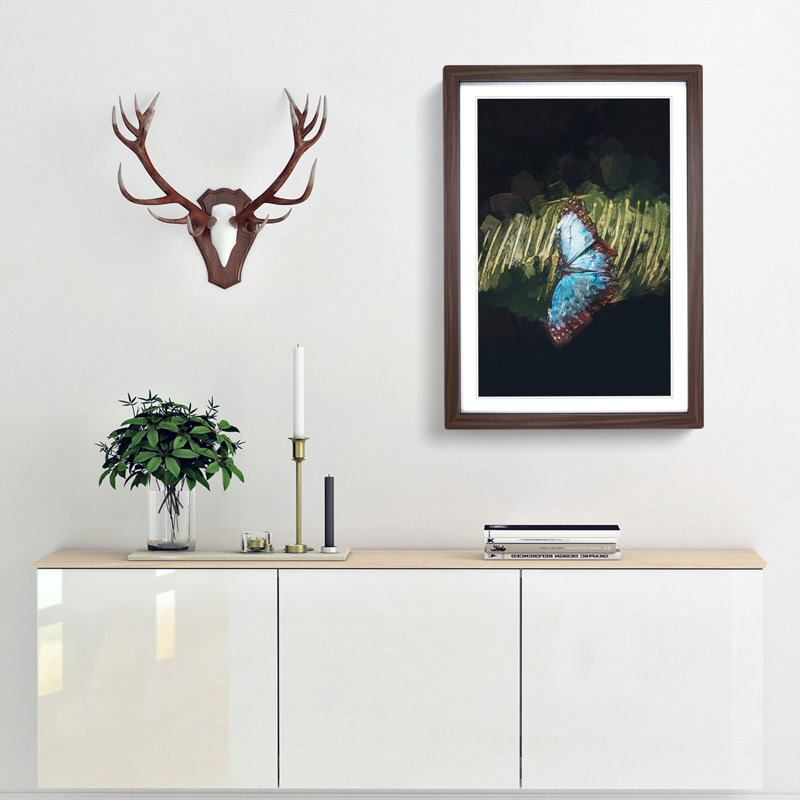Blue Butterfly in Abstract - Picture Frame Graphic Art Print, 36cm H x 27cm W x 2cm D, Walnut Framed