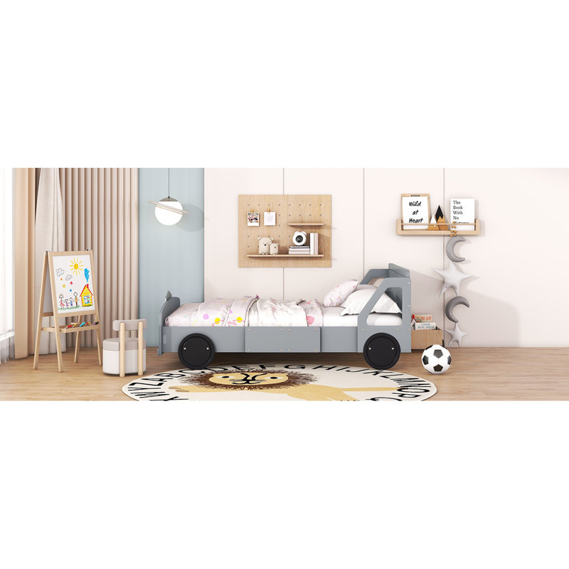 Lit plateforme gris en forme de voiture avec roues robustes - Option de chambre à coucher confortable pleine grandeur et pratique