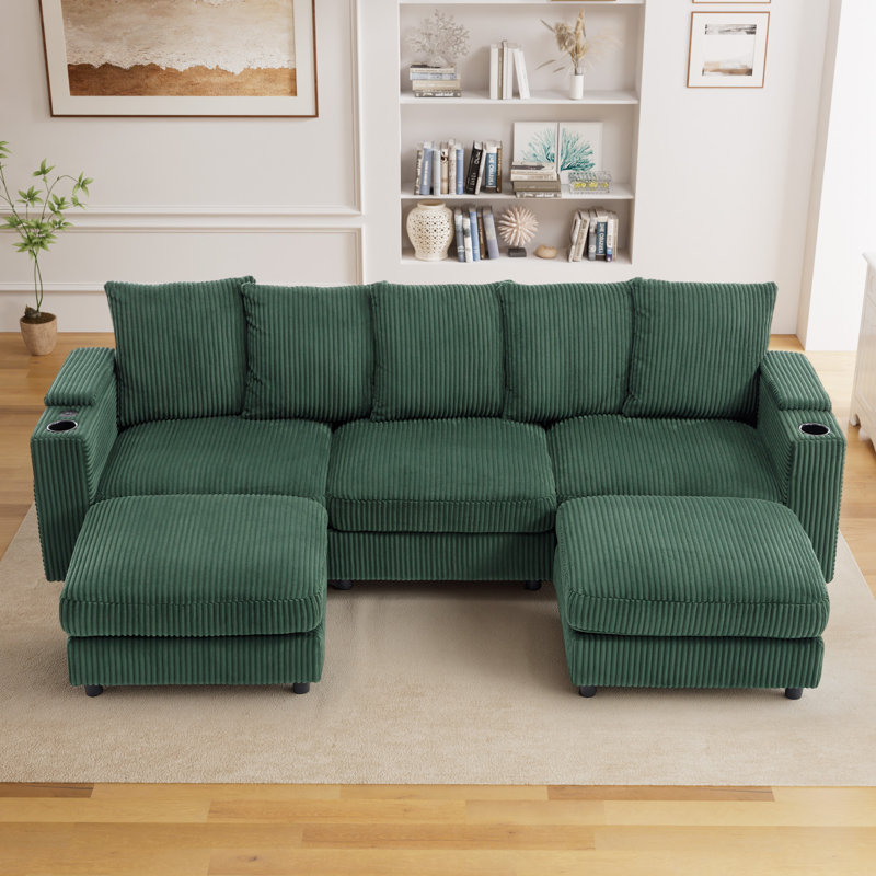 109 Inch Wide Corduroy Modular Sectional Sofa with Ottomans and Cup Holders, Green