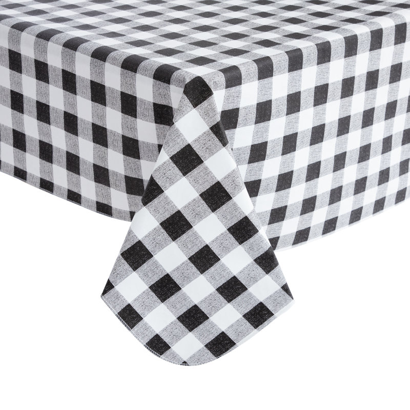Nappe à carreaux en vinyle avec envers en flanelle, rectangle noir et blanc de 52 po x 90 po
