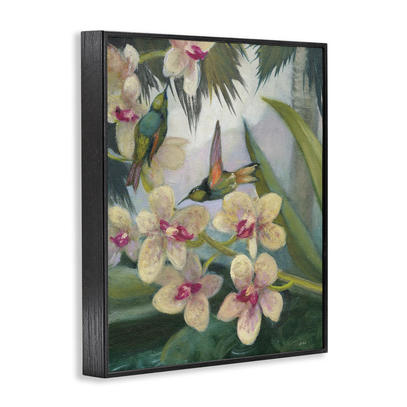 Colibris parmi les fleurs, estampe numérique encadrée par Julia Purinton, Giclée encadrée noir minuit, H 14 po x l 11 po
