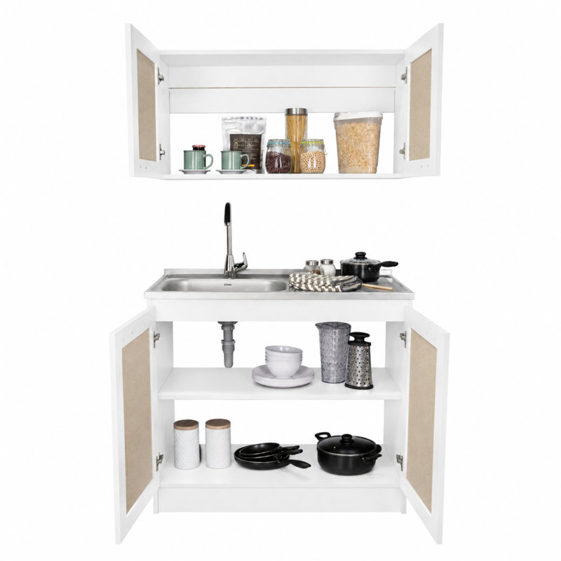 Ensemble de meubles de cuisine Millwood Pines Ashura 39,3 po (100 cm) de largeur, en bois fabriqué, comprenant un meuble sous-évier et un meuble haut, blanc.