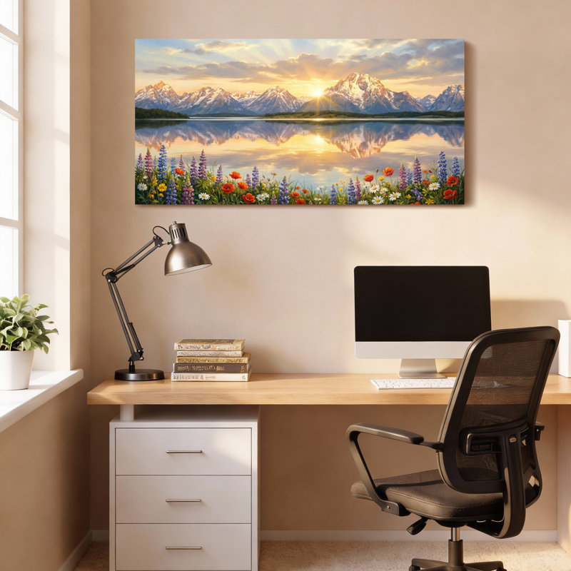 Ensemble de 1 tableau sur toile tendue représentant un coucher de soleil sur un lac de montagne avec des fleurs sauvages