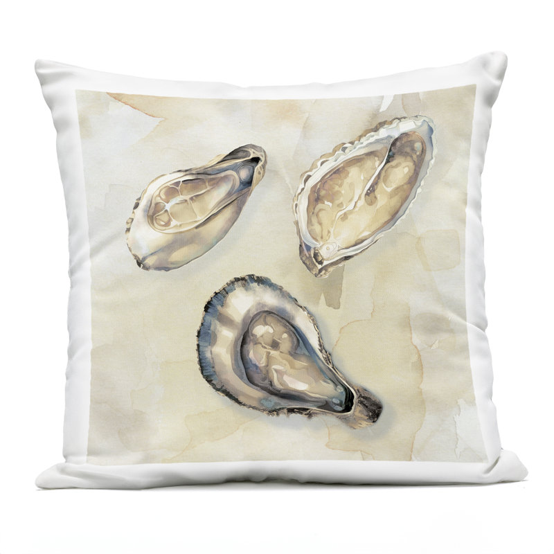 Oyster Trio on Beige Outdoor Printed Pillow design by CAD, Beige/Blue Oyster