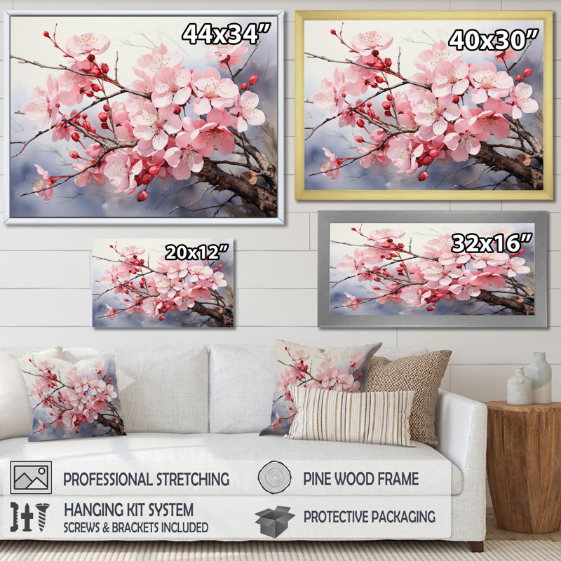 Reproduction de fleurs de cerisier en porcelaine de Chine, H 12 po x l 20 po, Toile tendue