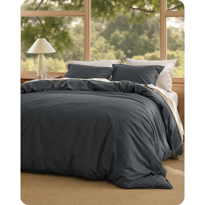 Bedsure Cotton Duvet Cover Queen - Luxury Slub Weave 100% Cotton Duvet Cover Set with a Linen Like Textured, Easy Change Durable Bedding Set 3 Pieces, Charcoal, 90" x 90"