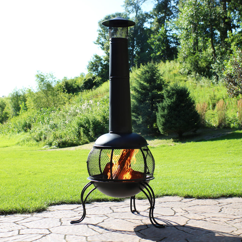 66" Black Steel Wood-Burning Outdoor Chiminea with Rain Cap