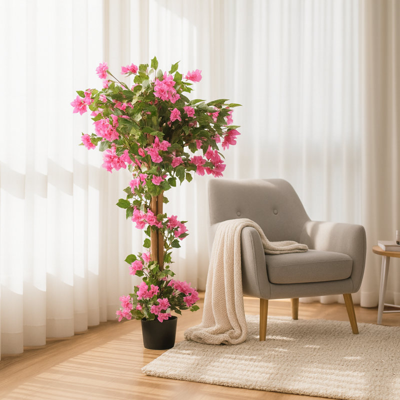 Bougainvillier artificiel 4 pi rose avec fausse plante bougainvillée avec base stable pour la maison et le bureau, cadeau de pendaison de crémaillère