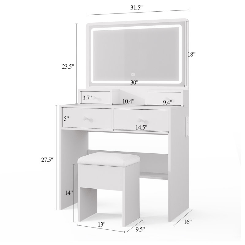 Vanity With LED Mirror, 4 Drawers And Storage Stool, Built-in Outlets