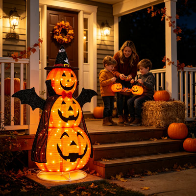 Décoration d'Halloween citrouille illuminée et empilée, citrouille à 3 niveaux avec chapeau de sorcière, ailes de chauve-souris et cape