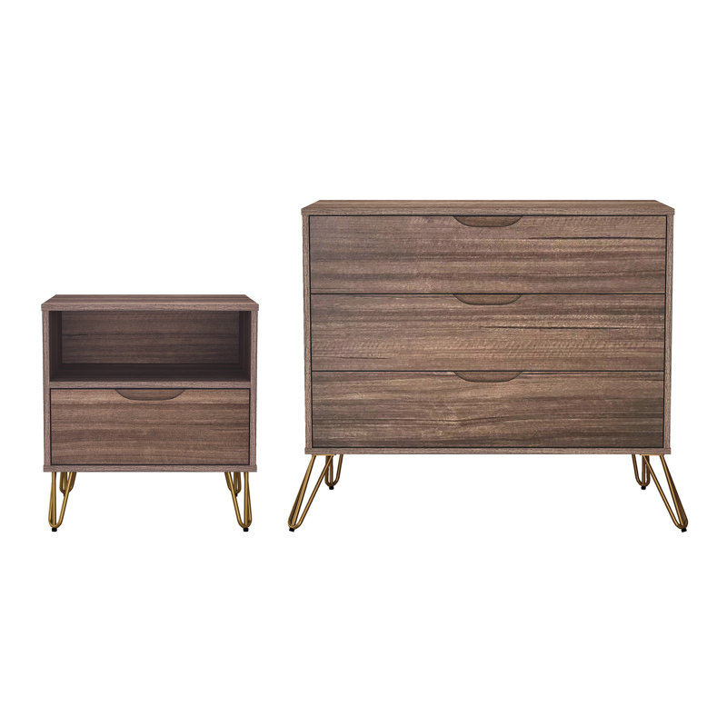 Ensemble de chambre à coucher avec commode et table de chevet 2 pièces Avira, Brun