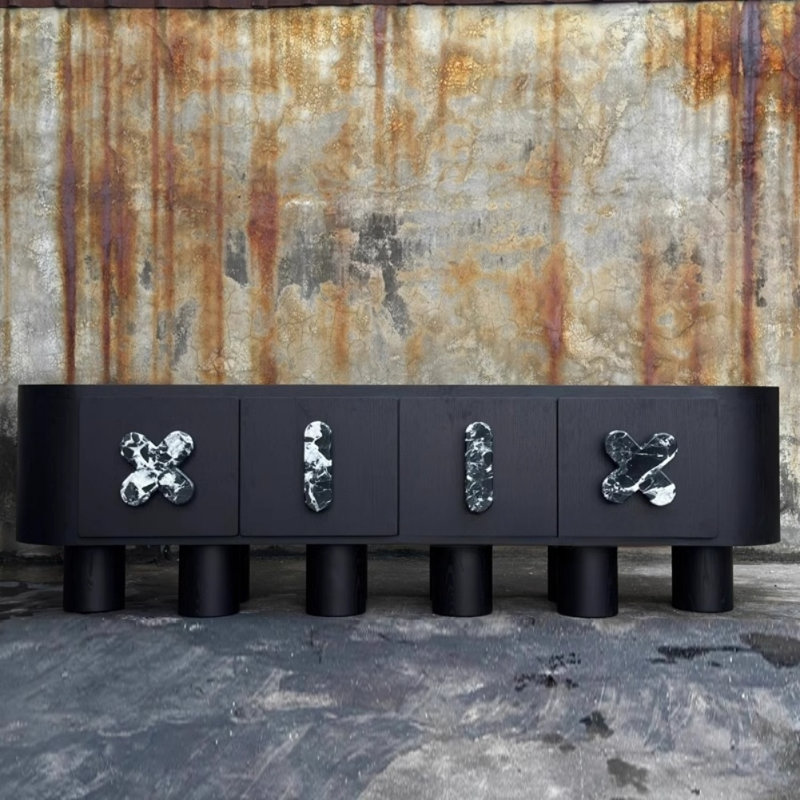 Vintage Designer Wood TV Stand, Black/White