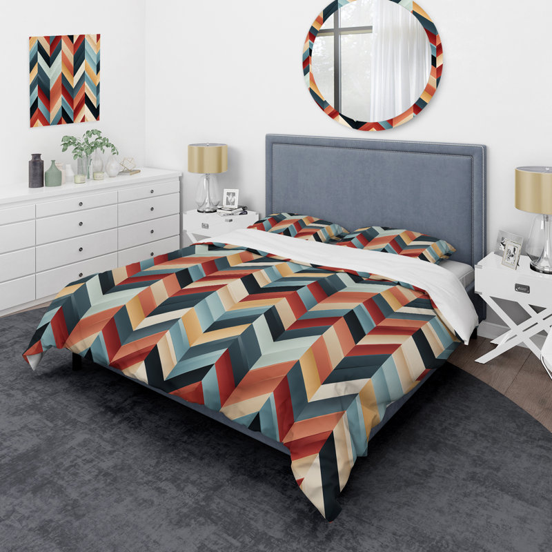 Ensemble de housse de couette en microfibre à chevrons géométriques rouge clair et bleu orange / bleu sarcelle