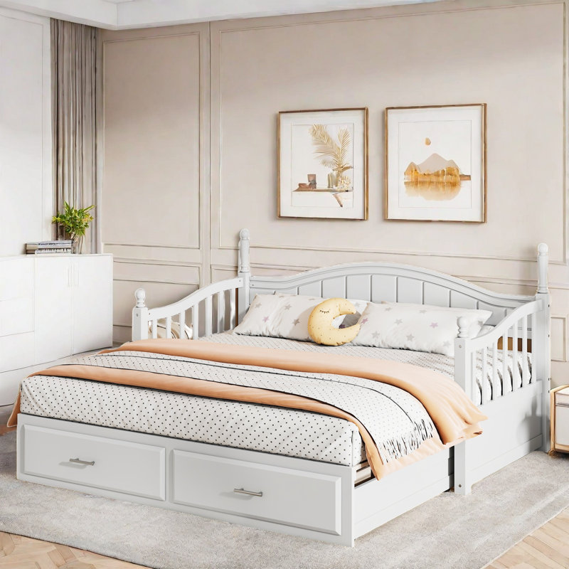 Elegant Extendable Daybed With Two Storage Drawers And Twin Size Trundle, White