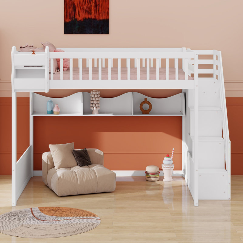 Wooden Loft Bed With Staircase And Wardrobe,Storage Shelves And Under-Bed Space, White