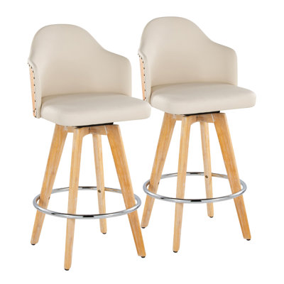 Tabouret de comptoir 26 po contemporain à hauteur fixe avec pivot en bambou naturel et similicuir crème avec repose-pieds rond en métal chromé By - ensemble de 2
