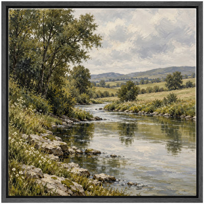 Peaceful Countryside River with Green Hills and Wildflowers Wall Art Decor Framed On Canvas Print