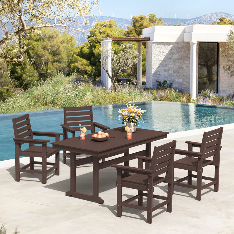 Ensemble de table d'extérieur 66 po et 4 chaises de patio rectangulaires Hdps 66 po avec trou pour parasol 1,96 po, White, 4