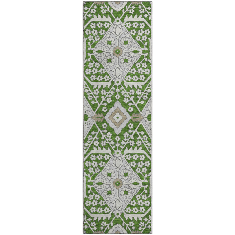 Premium Machine Washable Elaine Green Rug, Runner 2'3" x 7'6"