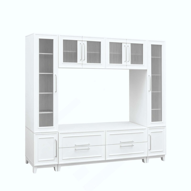 Meuble audio-vidéo mural moderne avec portes en verre pour téléviseur de 75 po ou moins, meuble télé minimaliste avec tiroirs pour le salon