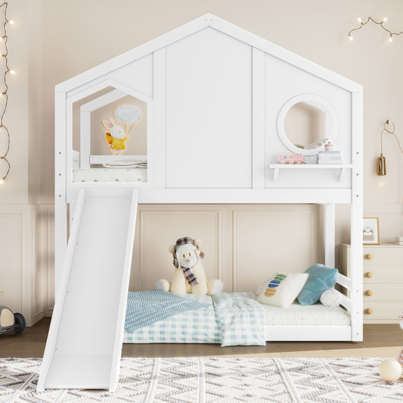 Twin Solid Wood House Loft Bed with Slide, Storage Shelves & Window, Child-Friendly Design, White, White