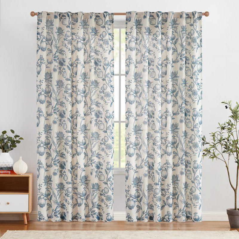 Nathnael Linen Blend Toile Semi-Sheer Curtain Panel Pair, 50" W x 84" L, Blue