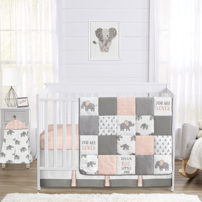 Ensemble de literie pour lit de bébé 4 pièces Elephant, Rose / gris