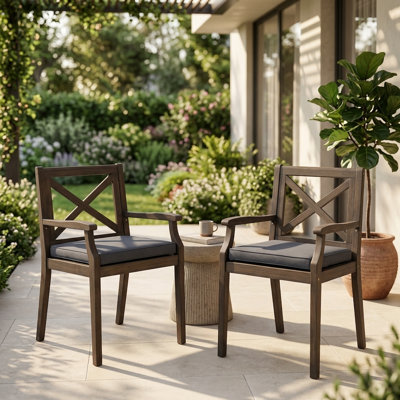 Perla Solid Acacia Wood Outdoor Dining Chairs With Grey Water-resistant Cushions (set Of 2) – Classic Wooden Armchairs For Patio, Deck, And Garden