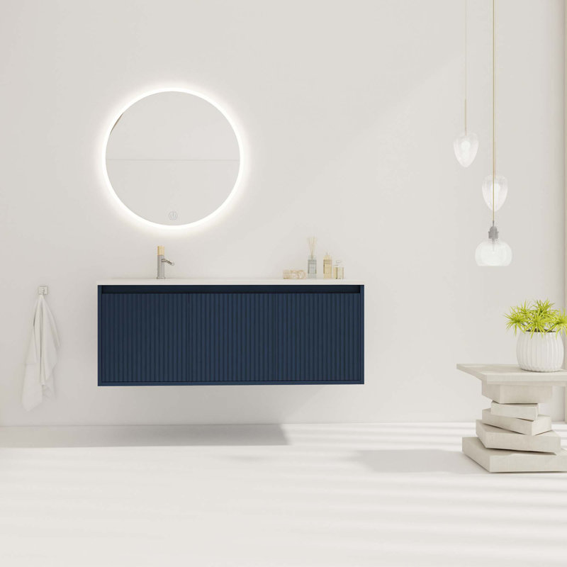 Meuble-lavabo flottant avec lavabo en résine en forme de goutte, Marine, 48"