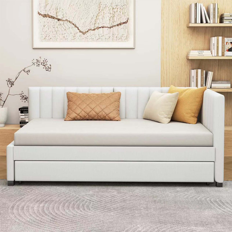 Lit de jour d'angle rembourré avec couchette, Beige, Lit simple