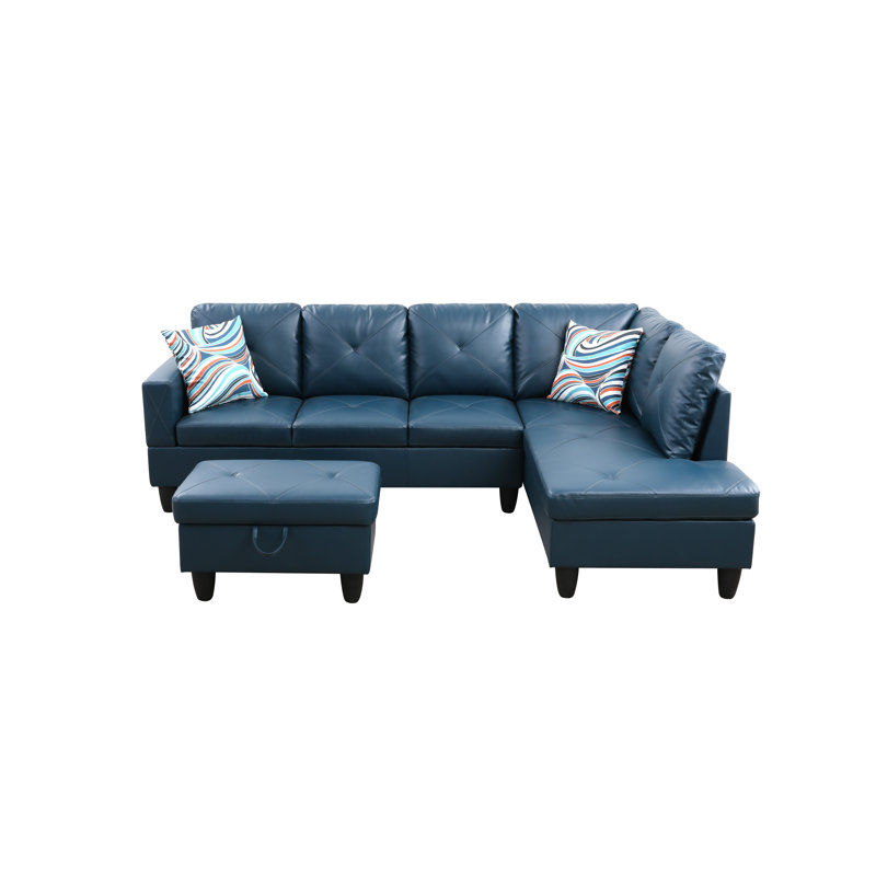 Faux Leather L-Shaped Sectional Left Hand Facing, Denim Faux Leather, Right Hand Facing