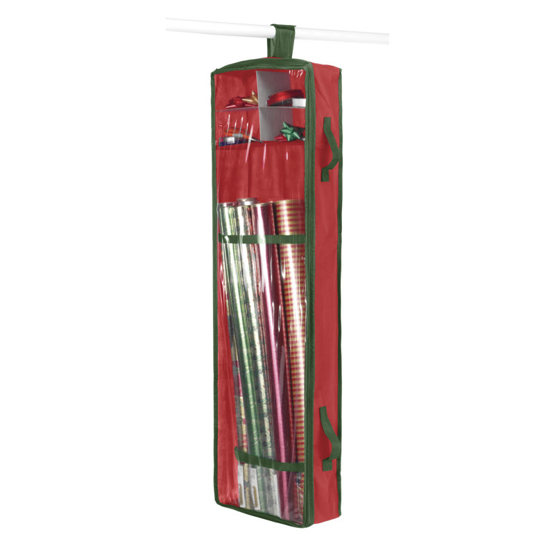 Red and Green Fabric Hanging Gift Wrap Organizer with Clear Window