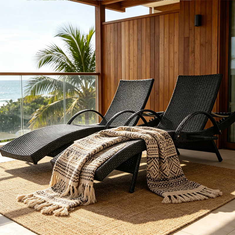 Ensemble de 2 chaises longues d'extérieur avec table d'appoint coulissante et dossier réglable, fauteuils inclinables en osier toutes saisons